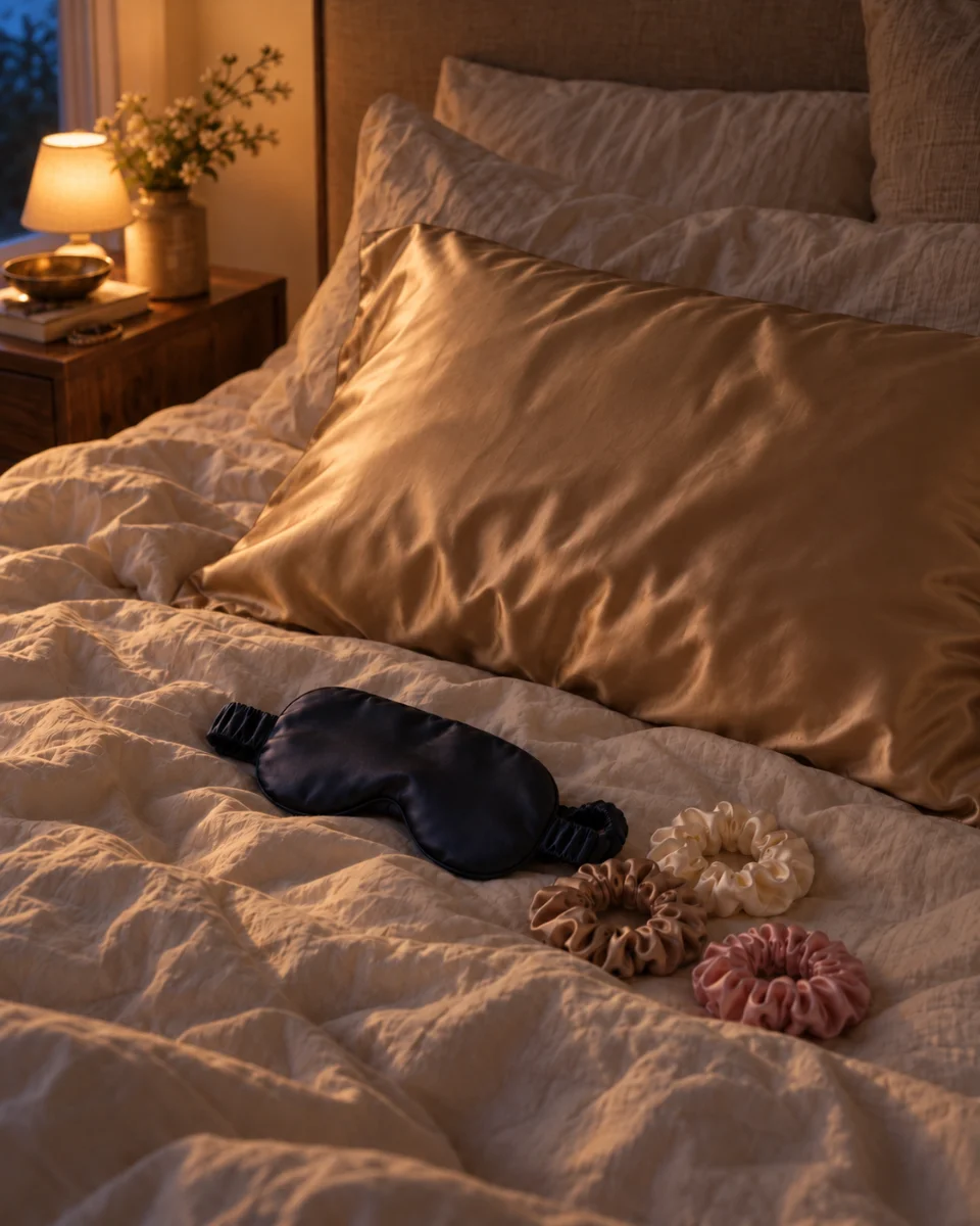 Champagne mulberry silk pillowcase, navy silk sleep mask and silk scrunchies on a bed in warm lamp light