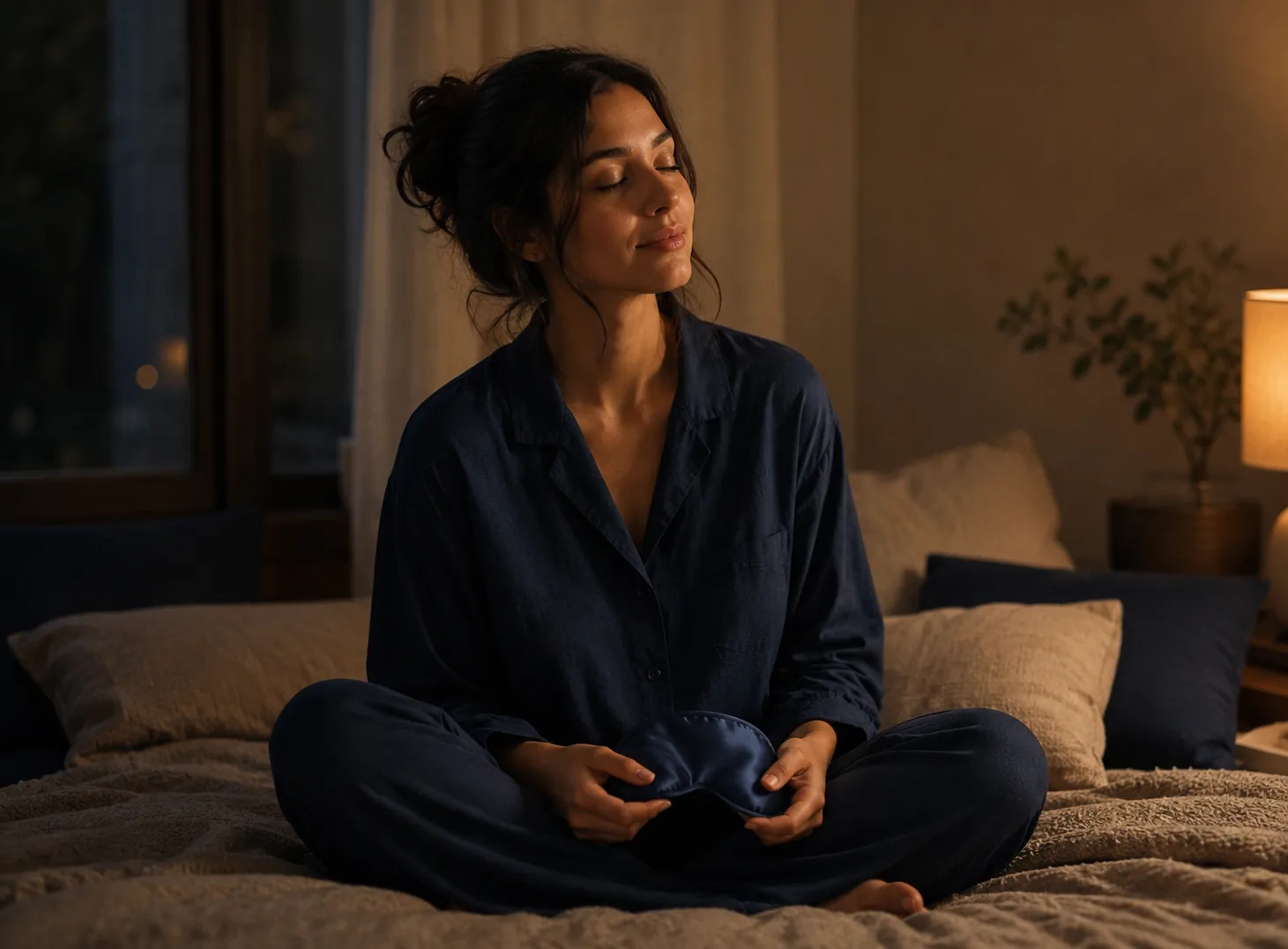 Meditation with sleep mask, seated calm, low light